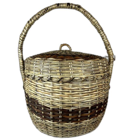 Wicker Basket Lg w/Lid Vintage Tan with Center Brown Stripe - Picture 2 of 8